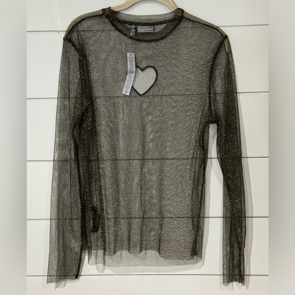 ASOS DESIGN Skinny Long Sleeve T-Shirt in Metallic Mesh w/ Heart Cut Out Size M - Picture 5 of 5